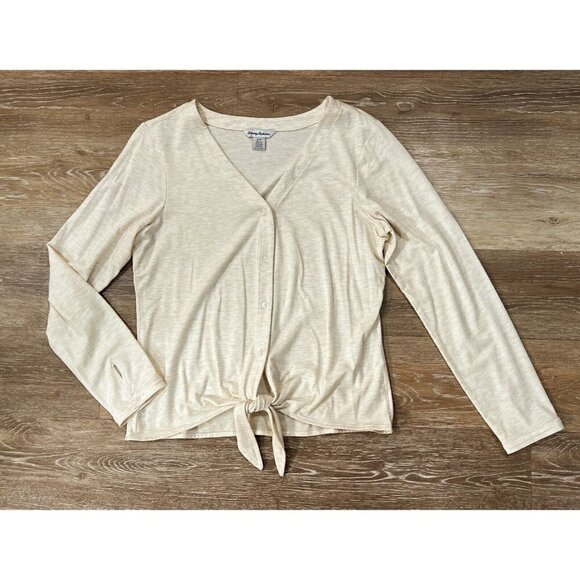Tommy Bahama Sz S Heathered Sand Beige Tie Front Knot Button Up Top V Neck Tee - Picture 1 of 6